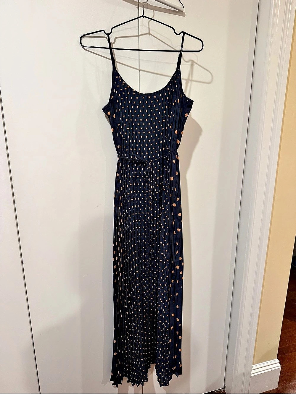 Banana Republic Polka Dot Pleated Maxi Dress Navy and Tan Size 2